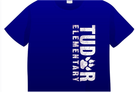blue t-shirt with words on left side